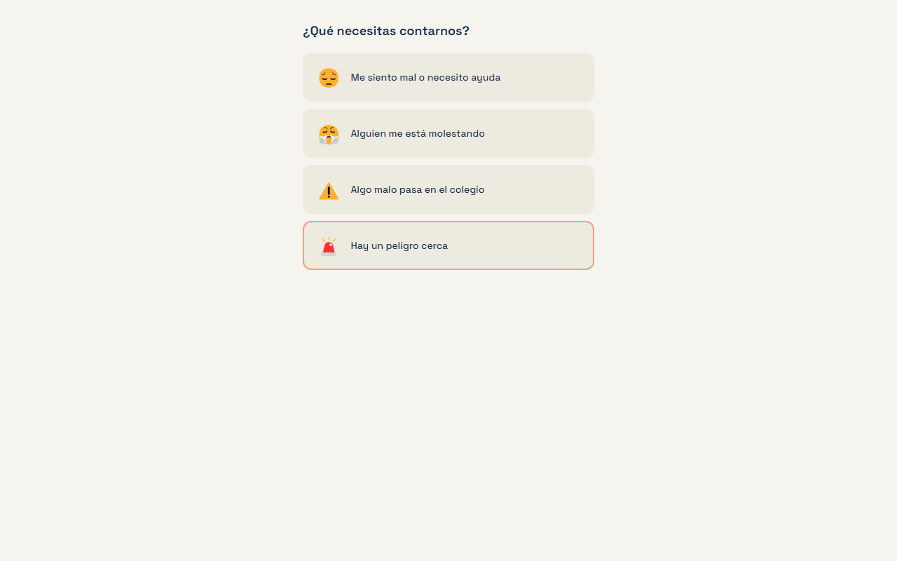Pantalla de alerta del estudiante con cuatro opciones